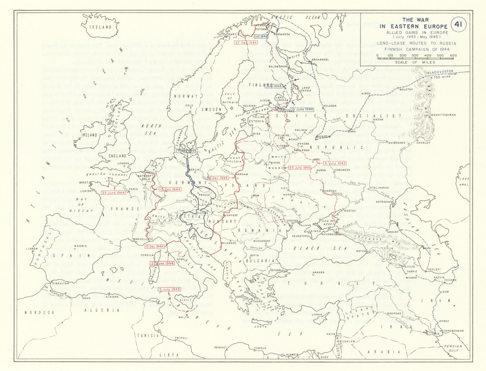 World War 2. July 1943-May 1945 Allied Gains. 1944 Finnish Campaign 1959 map